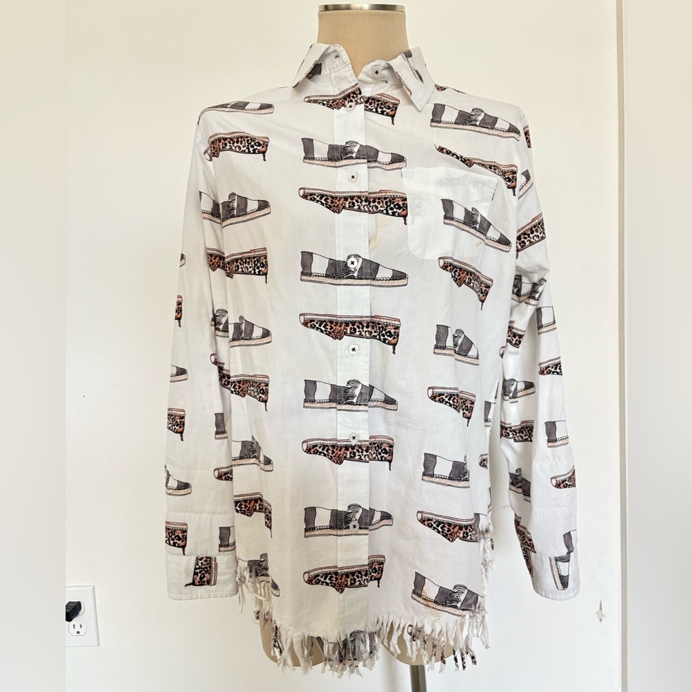 Women’s Tizzie Button Front Shirt Cotton  Medium Roll Tab White w/ Espadrille